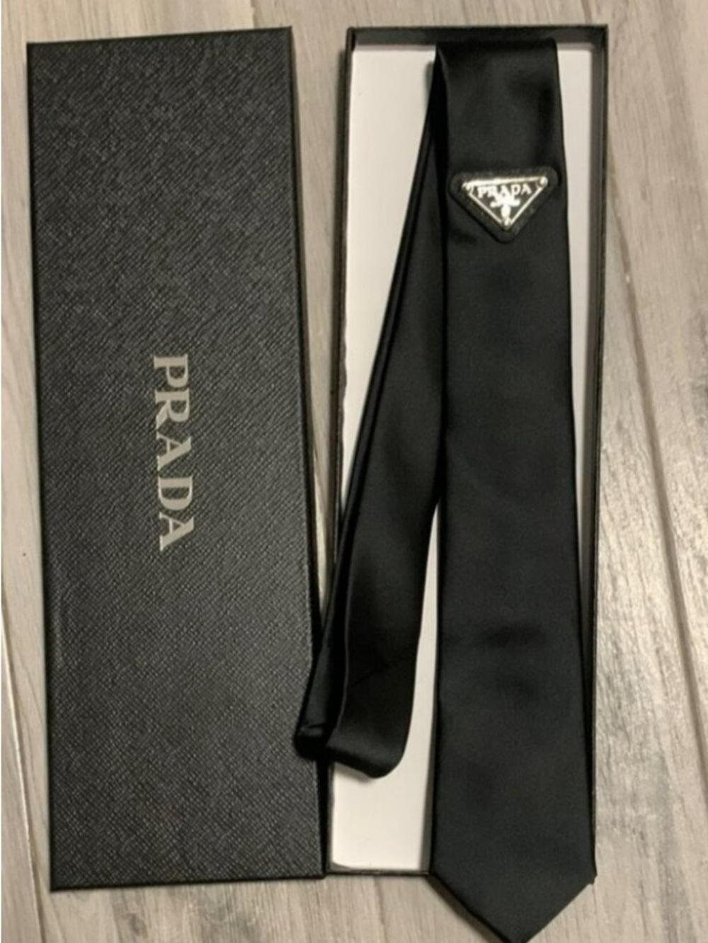 Prada Black Satin Tie with Triangle Logo Plaque